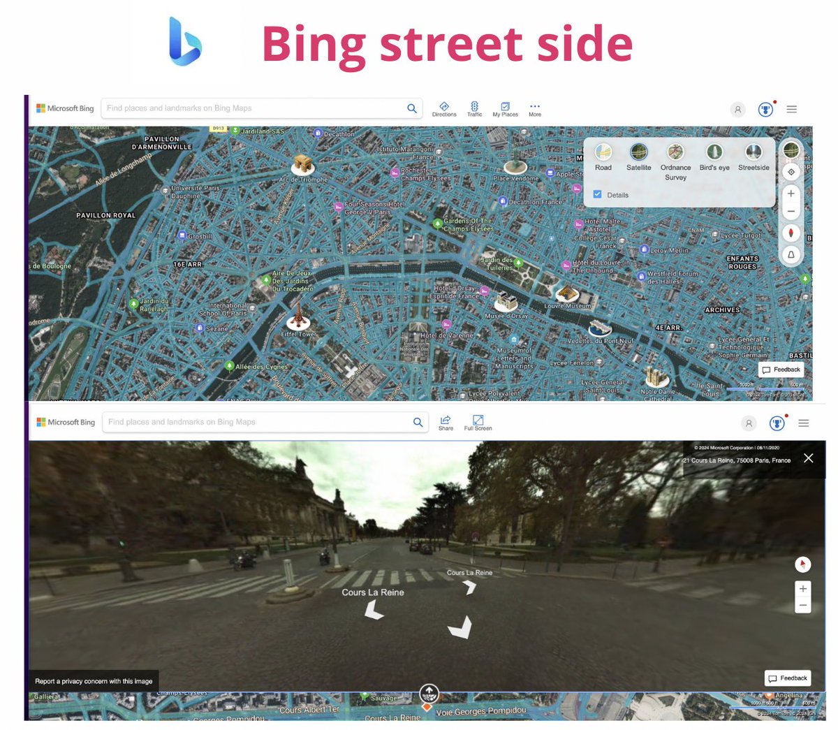 If no suitable panoramas were found for your photo location on Google Street View, try searching for the same location on Bing Street Side. The service has a large coverage area in the US and Europe.

#osint #geoint