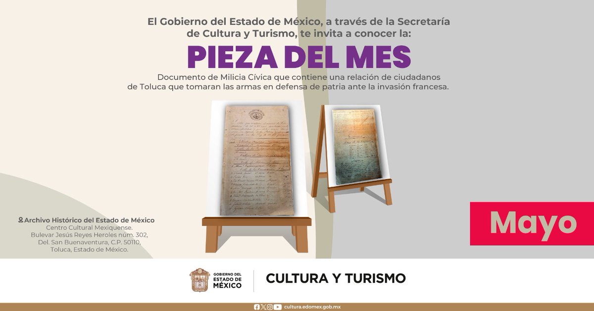 Visita el #ArchivoHistórico del Estado de México y conoce la 'Pieza del mes', documento de Milicia Cívica que contiene una relación de ciudadanos de #Toluca que tomaron las armas en defensa de la patria ante la invasión francesa.
¡Te esperamos! 📜

📍 Centro Cultural Mexiquense