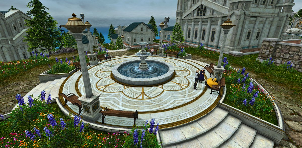 Auk's Landing of Sharlayan is a modest park complete with a gorgeous fountain and ample seating for the various book readers and poetry reciters. Its name has its origin in the auks that once existed here many centuries past.