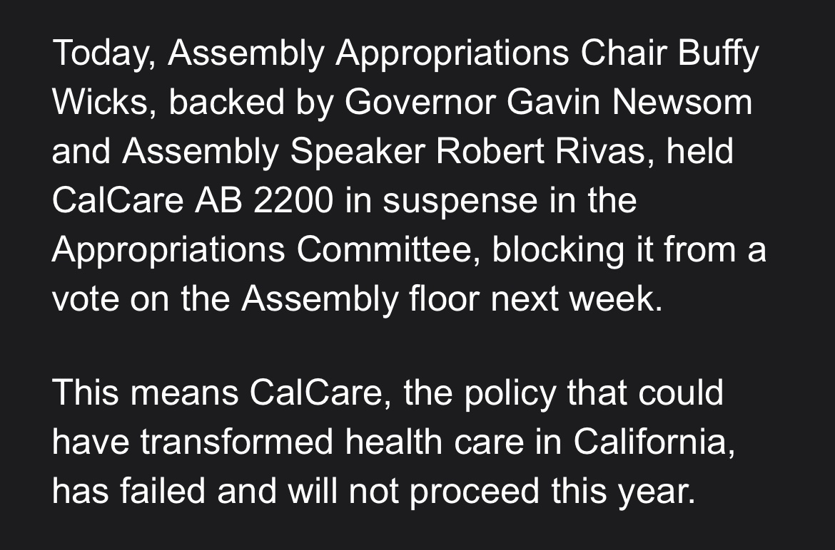 Gavin Newsom & co killed CalCare (again) today despite campaigning on this very policy. Democratic leadership has made it abundantly clear that they care more about insurance company profits than your health.