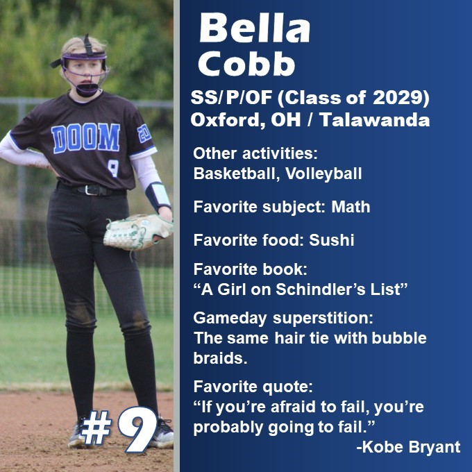 Nine days until #TheDoom12 takes the field at Miamisburg for some 16U Memorial Mayhem. Here's our #9, @bella_cobb0942. She eats sushi. She hits dingers. #DoomStrong #HustleandHeart