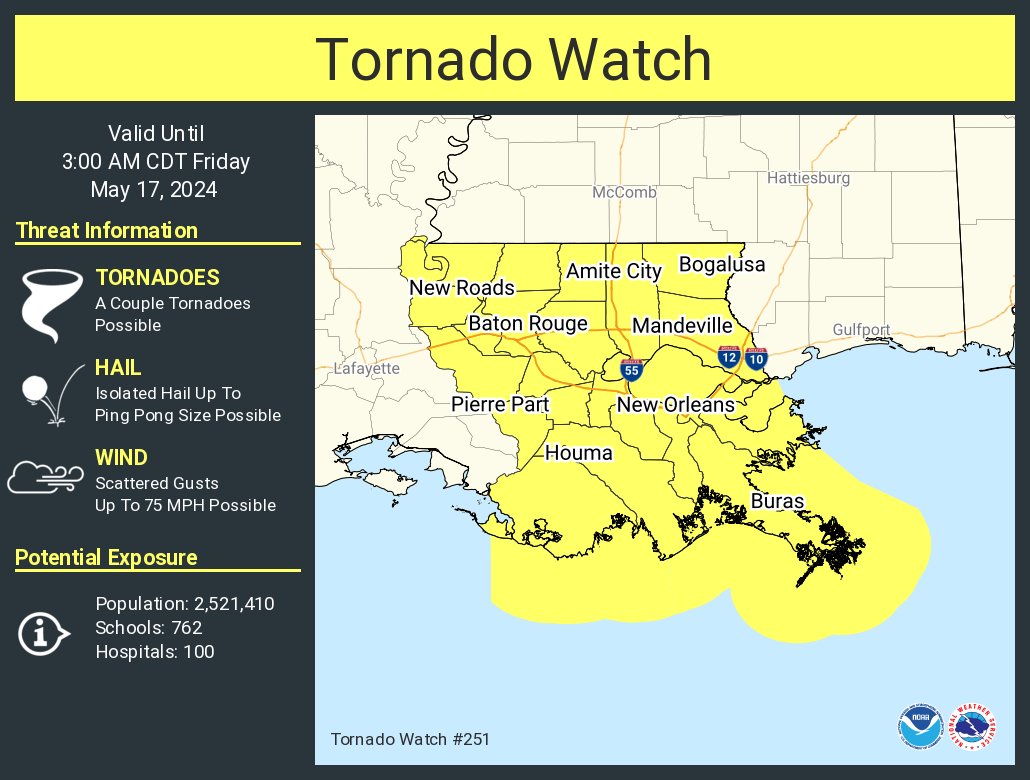 A tornado watch has been issued for parts of Louisiana until 3 AM CDT