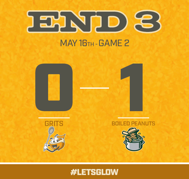 We've had runners on but haven't been able to score them. Grits trail the Boiled Peanuts 1-0 at the end of the 3rd