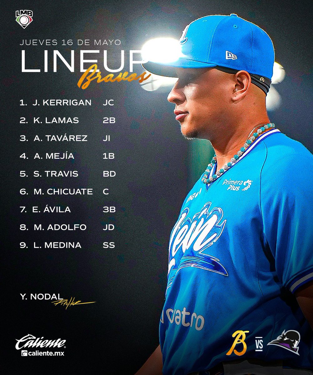 ⚫️LINEUP Juego3️⃣ 🆚 @ConspiradoresQr ⏰ 7pm 📺@tv4guanajuato @calientesports ⚾️🏈🏀⚽️ #FenomenoBravos🦁