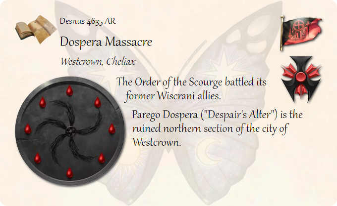 GolarionToday's tweet photo. Desnus 4635 AR: Dospera Massacre
#Westcrown #Cheliax #DosperaMassacre #OrderOfTheScourge #ParegoDospera #4635AR
https://t.co/1tEWsChN2b
The Order of the Scourge battled its former Wiscrani allies.
Parego Dospera ("Despair's Alter") is the ruined northern section o… https://t.co/IPCnhNOflk