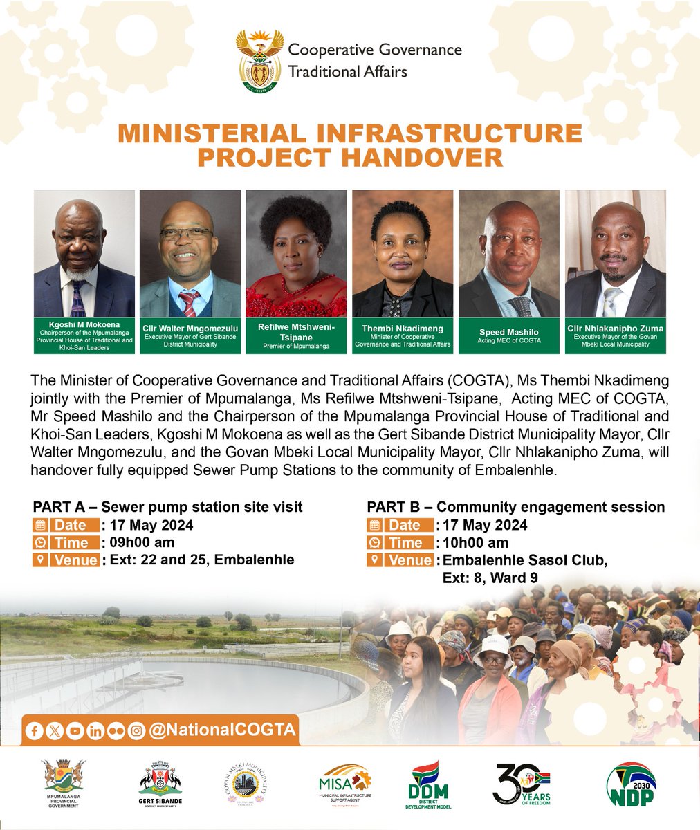 Minister @ThembiNkadi and Mpumalanga Premier Mtshweni-Tsipane to hand over equipped Sewer Pump Stations in Embalenhle, Extension 22 and 25 in the Govan Mbeki Local Municipality #localgovernment #LeaveNoOneBehind 🇿🇦