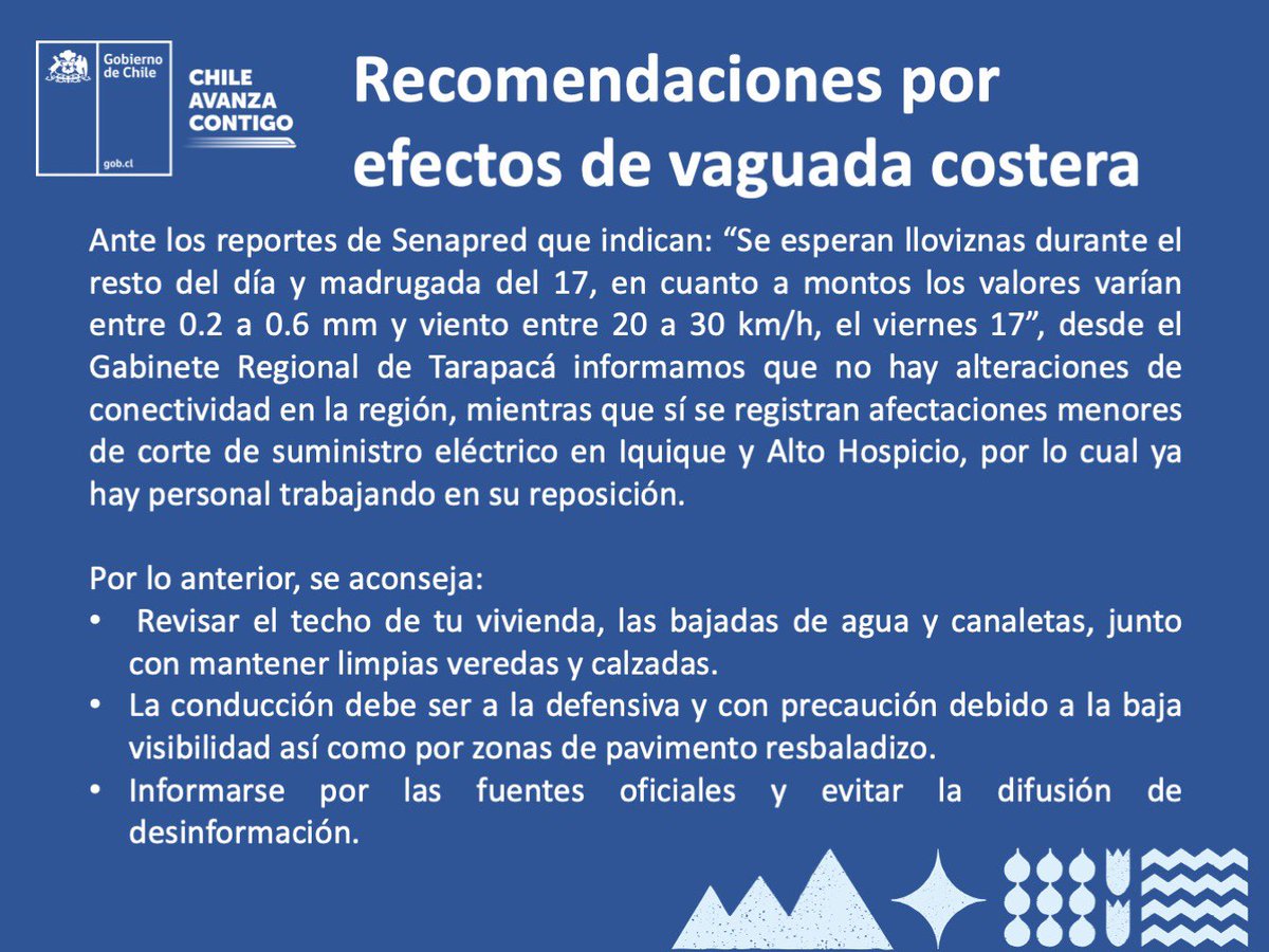 ☔️☔️ Te compartimos estas recomendaciones entregadas por @Senapred ante la llovizna que afecta a la Provincia de #Iquique y que se mantendrían hasta mañana en la madrugada.