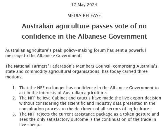 #breaking The @NationalFarmers have passed a vote of no confidence in @MurrayWatt and the Albanese Government. This is unprecedented. #keepthesheep