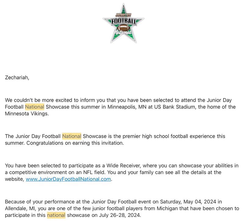 Thank you Director Jason Mathews, it’s an honor to have received an invite to Junior Day Football National Showcase#JuniorDay
<a href="/NMU_Football/">NMU Football</a>
@GSVU_FBRecruits <a href="/gvsufootball/">GVSU Football</a>
<a href="/Rzyer/">DSG Reyzr</a> <a href="/ncsa/">NCSA College Recruiting</a>
<a href="/CUAA_Football/">Concordia Football</a> <a href="/AlbionFootball/">Albion Football</a>
<a href="/kzoofootball/">Kalamazoo College Football</a> <a href="/SienaHeightsFB/">Siena Heights University Football</a>
<a href="/Coach_bohl/">Noah Bohl</a> @CoachGustavCUAA