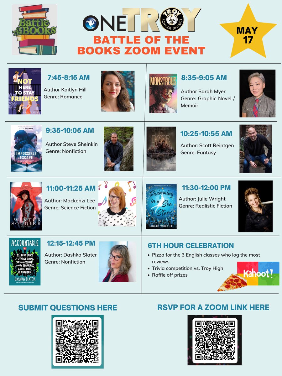 AthensMedia (@athensmedia) on Twitter photo SO excited to learn from these authors during Battle of the Books tomorrow! All students & staff are eligible to attend on Zoom! 😍📚📚<a href="/troy_athens/">Troy Athens High School</a> <a href="/troyschools/">TroySchools</a> @TroyHighMedia @thekaitlynhill <a href="/SteveSheinkin/">Steve Sheinkin</a> <a href="/Scott_Thought/">Scott Reintgen</a> @SMyerComics SO excited to learn from these authors during Battle of the Books tomorrow! All students & staff are eligible to attend on Zoom! 😍📚📚<a href="/troy_athens/">Troy Athens High School</a> <a href="/troyschools/">TroySchools</a> @TroyHighMedia @thekaitlynhill <a href="/SteveSheinkin/">Steve Sheinkin</a> <a href="/Scott_Thought/">Scott Reintgen</a> @SMyerComics