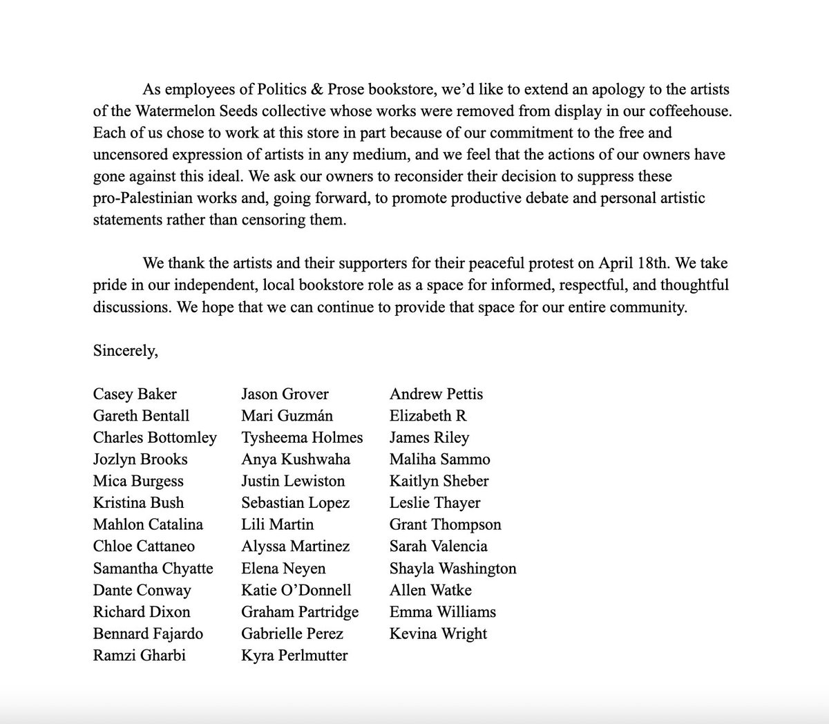 Politics & Prose Workers Union (@polproseunion) on Twitter photo 38 <a href="/PoliticsProse/">Politics and Prose</a> employees, union and non-union, signed a letter addressing the artists whose works were removed from the cafe's Arab American Heritage Month display. These individuals speak on their own behalf, not on behalf of the P&P staff, nor the union as a whole. 38 <a href="/PoliticsProse/">Politics and Prose</a> employees, union and non-union, signed a letter addressing the artists whose works were removed from the cafe's Arab American Heritage Month display. These individuals speak on their own behalf, not on behalf of the P&P staff, nor the union as a whole.