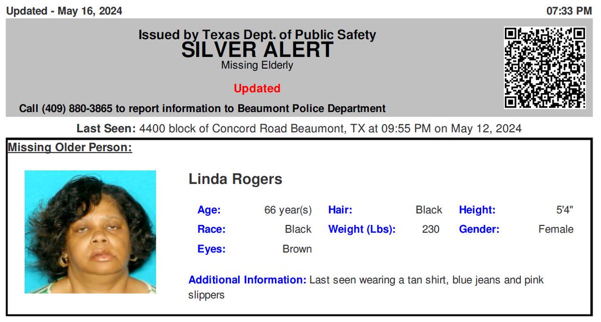 ACTIVE SILVER ALERT for Linda Rogers from Beaumont, TX, on 05/16/2024