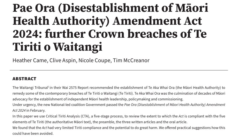 Dr Heather Came (@heather_came) on Twitter photo New paper out in the latest issue of <a href="/TheNZMJ/">New Zealand Medical Journal</a> no surprises disestablishing Te Aka Whai Ora breached Te Tiriti (again) with <a href="/taneataahua/">Clive Aspin</a>, Tim McCreanor & Nicole Coupe New paper out in the latest issue of <a href="/TheNZMJ/">New Zealand Medical Journal</a> no surprises disestablishing Te Aka Whai Ora breached Te Tiriti (again) with <a href="/taneataahua/">Clive Aspin</a>, Tim McCreanor & Nicole Coupe