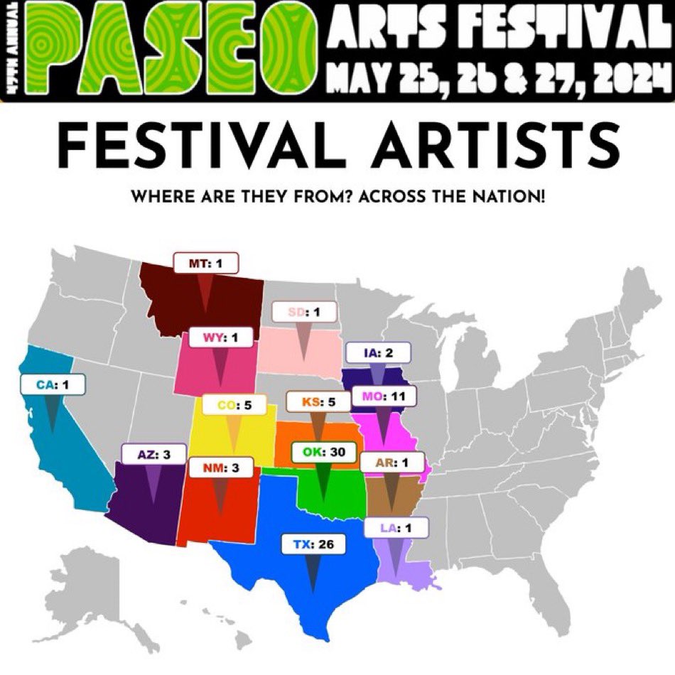 Want to know where the artists of the 2024 Paseo Arts Festival have come from? Here is a fun map to show how many artists are from different states across the nation! Come support their artwork at the festival next weekend, May 25-27!