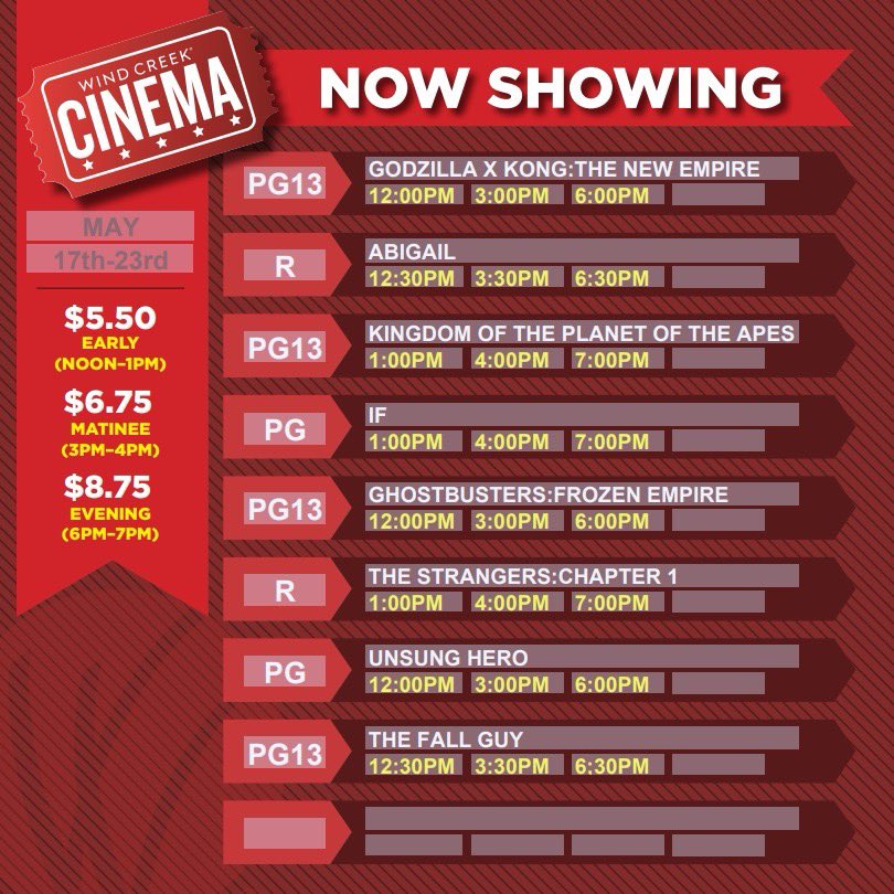 Cinema Showtimes 🎞
What are you seeing this weekend?👀

⌚️HOURS
Noon - 7pm

🍿PRICING
Early:
Noon - 1pm / $5.50
Matinee:
3pm - 4pm / $6.75
Evening:
6pm - 7pm / $8.75

🥤DON'T FORGET YOUR CINEMA REWARDS CARD
#Movies #Theater #Cinema #NowShowing #ShowTimes
#Entertainment #WCAtmore