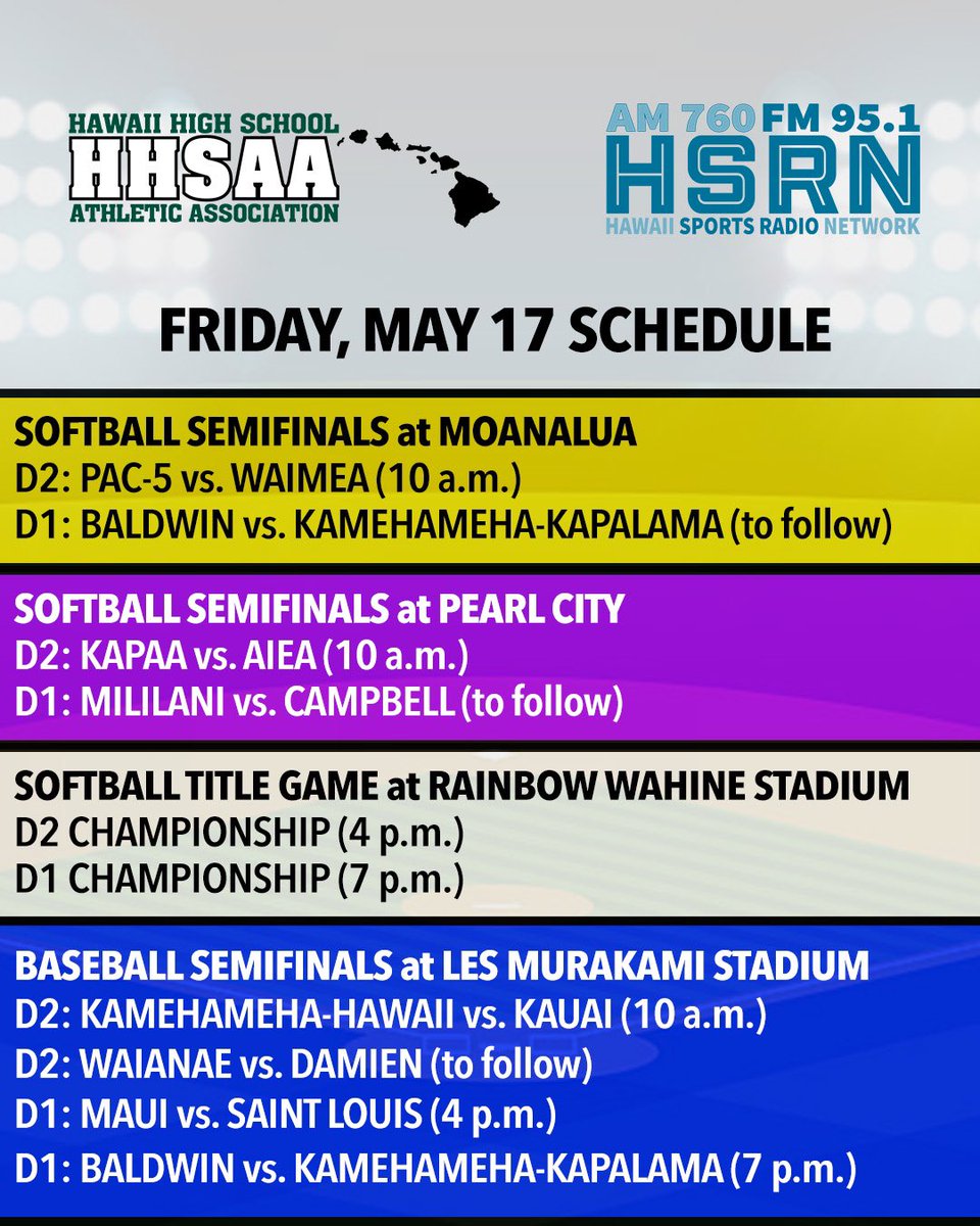 Michael Lasquero (@michaellasquero) on Twitter photo After inclement weather postponed all <a href="/hhsaasports/">HHSAAsports</a> events on Thursday, here is the new Softball and Baseball schedule for Friday, May 17. After inclement weather postponed all <a href="/hhsaasports/">HHSAAsports</a> events on Thursday, here is the new Softball and Baseball schedule for Friday, May 17.