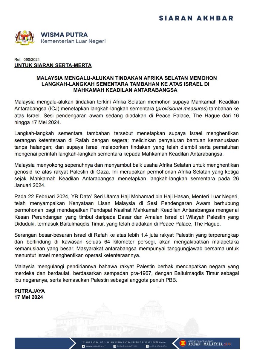 PRESS RELEASE: MALAYSIA WELCOMES SOUTH AFRICA’S REQUEST FOR ADDITIONAL PROVISIONAL MEASURES BEFORE THE INTERNATIONAL COURT OF JUSTICE AGAINST ISRAEL