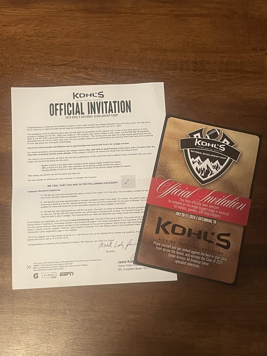 Thankful to receive an invitation from @KohlsKicking to compete at the national scholarship camp in Tennessee! @KickExposure @recruitLD @YoungyoungCoach