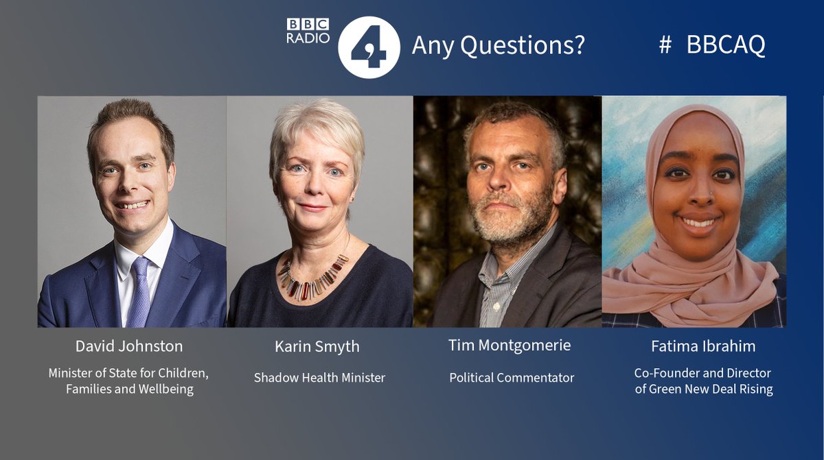 On tonight’s Any Questions, @AlexForsythBBC is joined at Tetbury Goods Shed Arts Centre in Gloucestershire by David Johnston, Karin Smyth, Tim Montgomerie and Fatima Ibrahim #BBCAQ Listen 8pm Friday / 1.10pm Saturday on @BBCRadio4 on on demand on @BBCSounds.