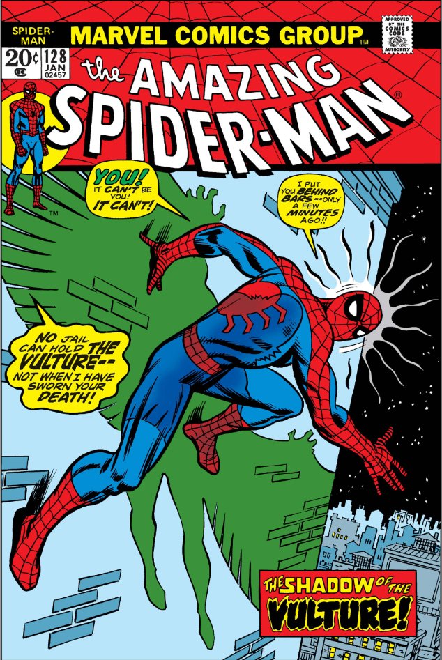 Amazing Spider-Man #128, 1974. #MarvelADay #ASM128
“The Vulture Hangs High!”
Script: Gerry Conway
Pencils: Ross Andru
Inkers: Frank Giacoia, Dave Hunt
Cover: John Romita