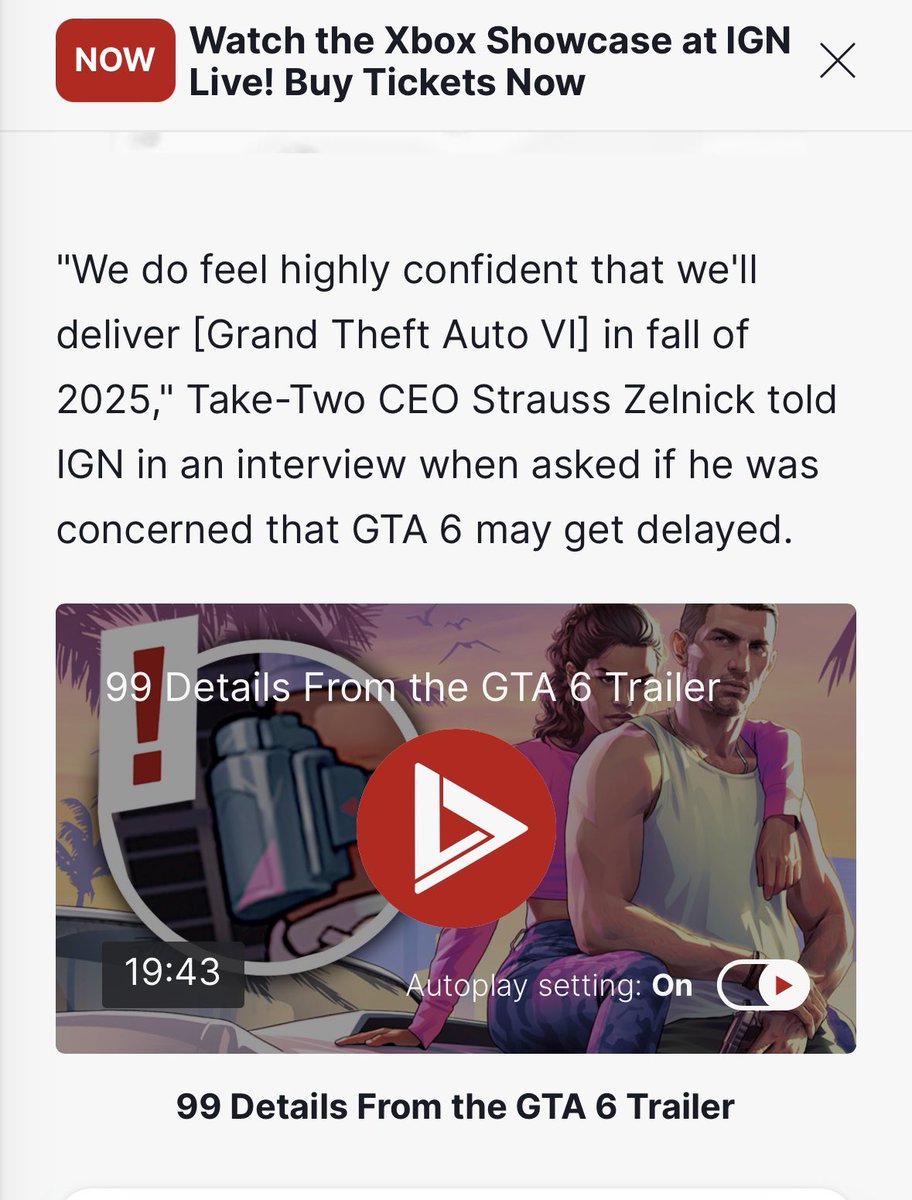 The community note on this tweet is incorrect. The article linked in the CN even has a section (image #1) that lists GTA 5 as confirmed to be releasing in Fall 2025. Secondly, Take-Two CEO Strauss Zelnick confirmed the news to IGN (image #2), saying “we do feel highly confident