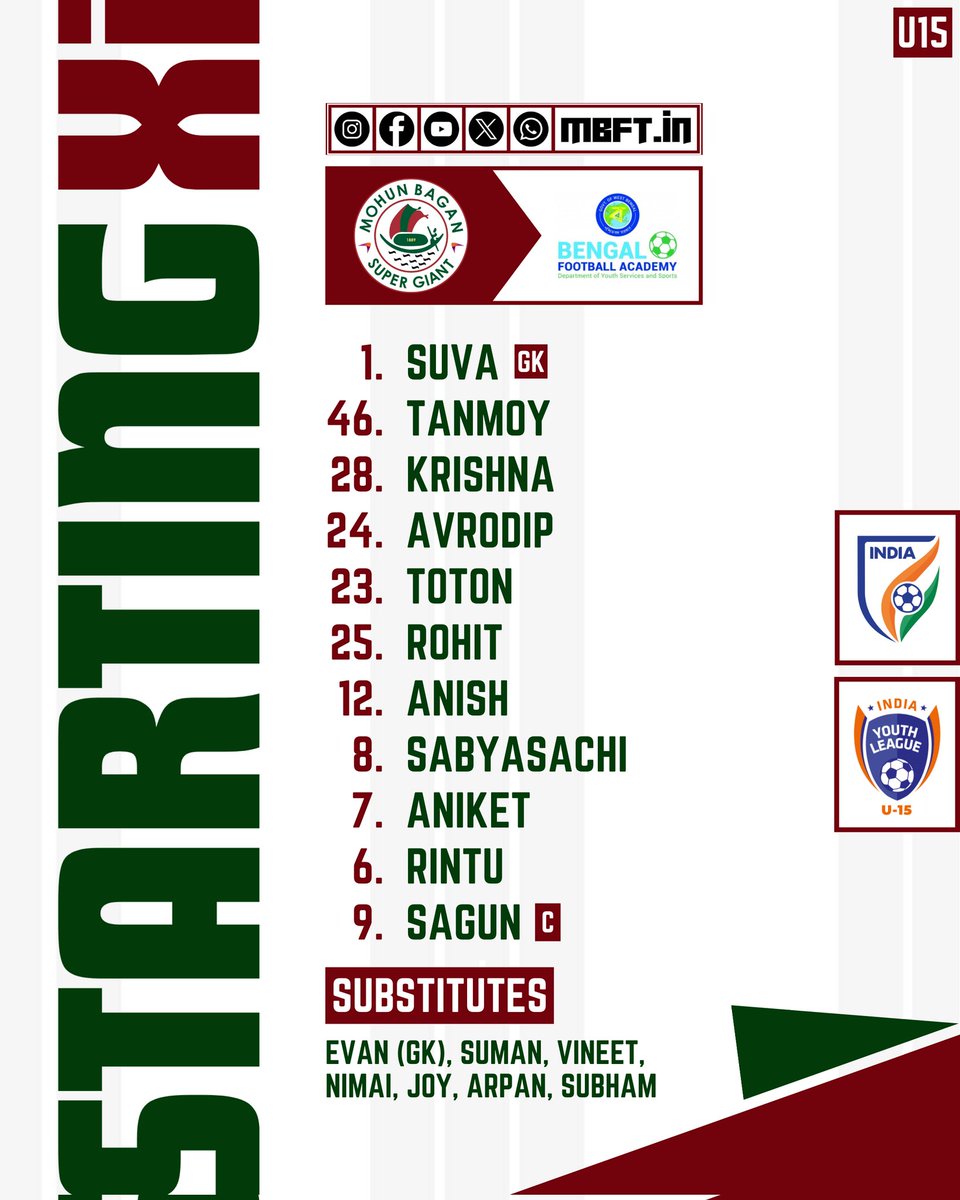 Our Starting XI for today's AIFF U15 Youth League National Round match against - Bengal Football Academy

Let's Go Mariners 💚❤️🐯

#JoyMohunBagan #MBFT