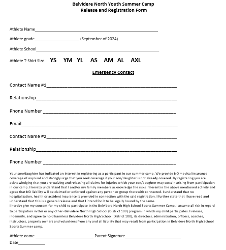 Belvidere North 6th Annual Youth Basketball Camp July 22nd-25th, 2024. Co-ed: 1st grade through 5th grade 8:45am-11:45am. Boys: 6th through 8th grade 12pm-3pm. See the attached flyer and registration.