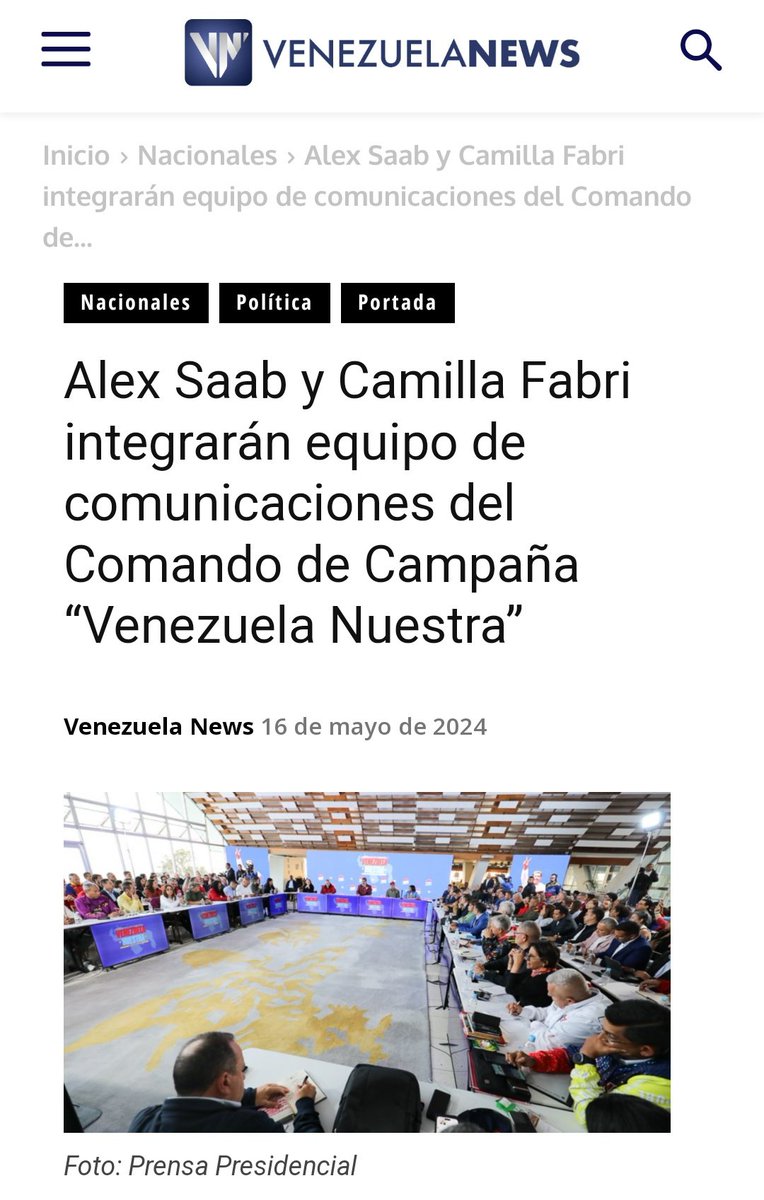 El jefe de Estado venezolano, @NicolasMaduro, dio a conocer que el presidente del @CiipVen, @AlexNSaab y la defensora de los derechos humanos, @CamillaFSaab, integrarán el equipo de comunicaciones del comando de campaña “Venezuela Nuestra”. #FreeAlexSaab #EsteEsUnPuebloMaduro