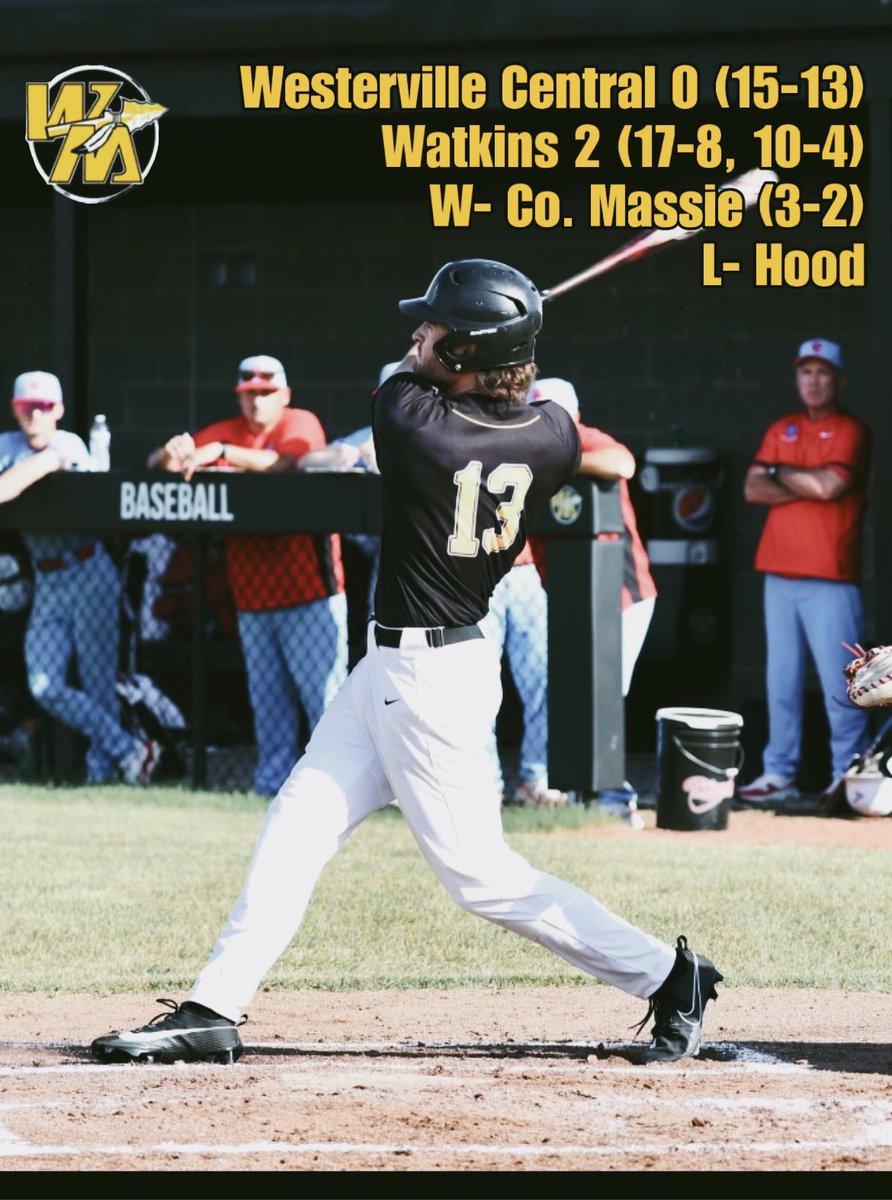 Westerville Central 0 (15-13)
Watkins 2 (17-8, 10-4)
W- Co. Massie (3-2)
L- Hood

The Warriors will take on @HBJagsBaseball Monday at Watkins for a trip to the district final!

@OHCDBCA 
@WM_Warriors 
@WMHSAdminTeam 
@SWLSchools 
@DispatchFrank 
@grover5675 
@Newark_Sports