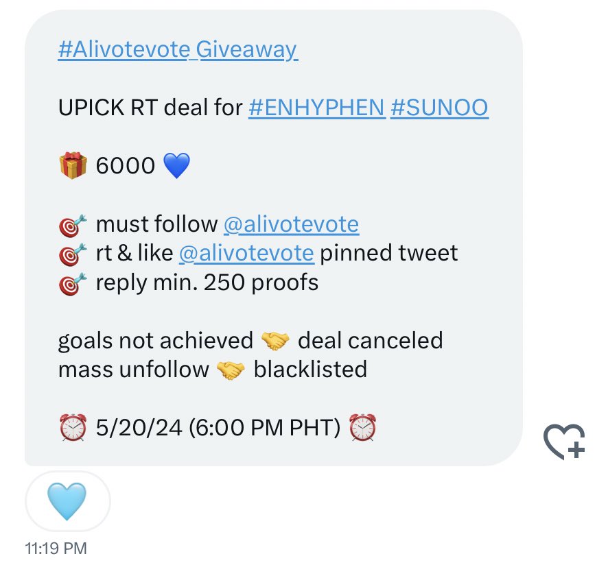 #Alivotevote_Giveaway   
   
UPICK RT deal for #ENHYPHEN #SUNOO
   
🎁 6000 💙 
   
🎯 must follow @alivotevote  
🎯 rt & like @alivotevote pinned tweet
🎯 reply min. 250 proofs 

goals not achieved 🤝 deal canceled  
mass unfollow 🤝 blacklisted

⏰ 5/20/24 (6:00 PM PHT) ⏰