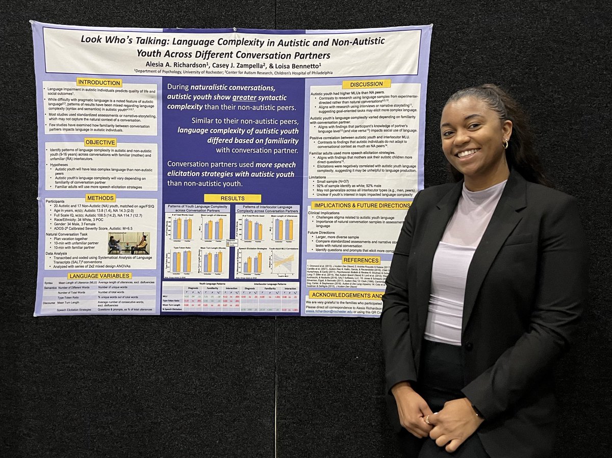 Excited to be presenting on my Master’s Thesis about language complexity in autistic youth. Stop by my poster (48) at  #INSAR2024 today 11:30-1:30 pm if you’d like to hear more about it!