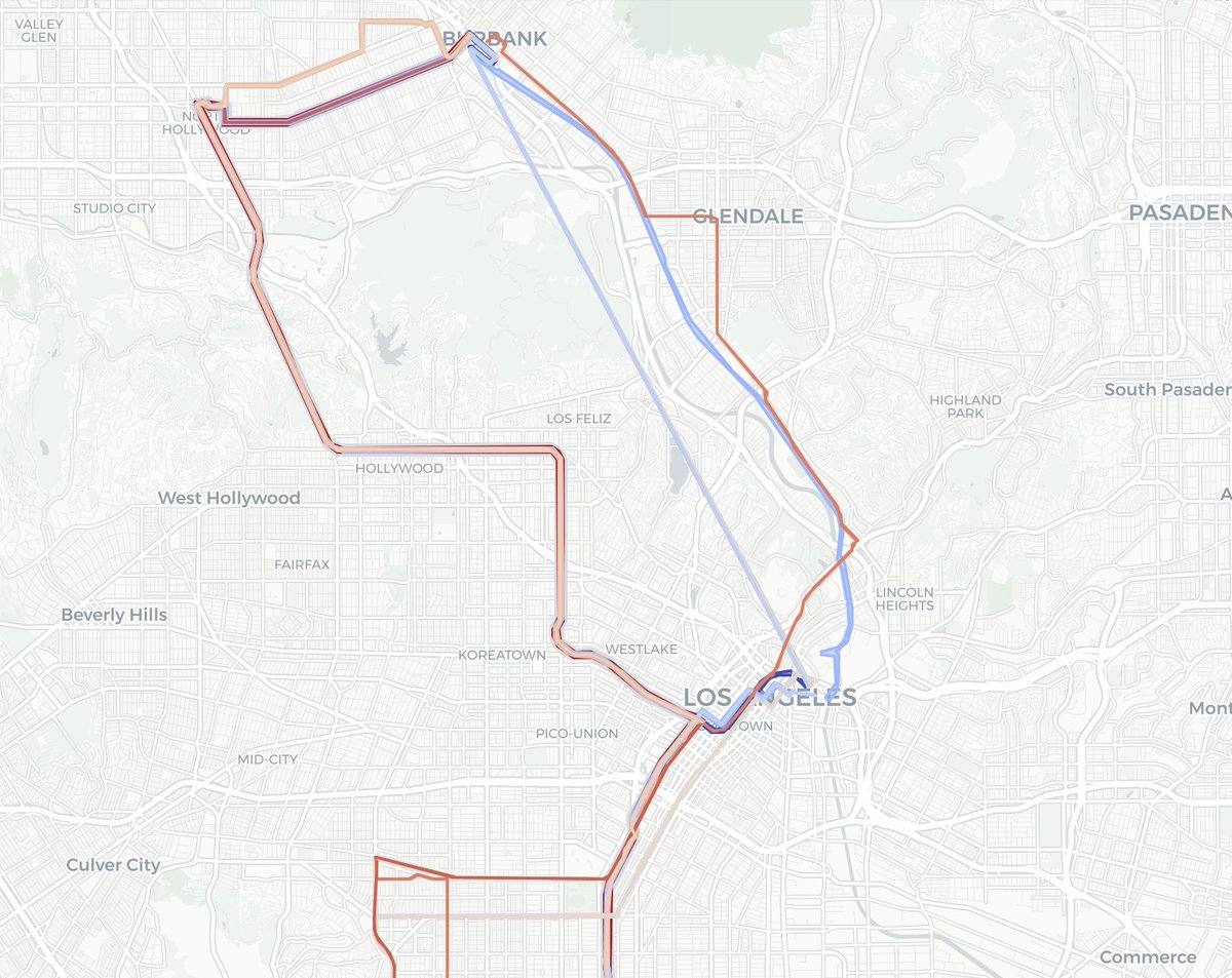 New map! Shows best South LA -> Burbank trips for each min 8-10a, blue=fast,  width=availability. A rider  connecting with Amtrak or Metrolink gets a fast trip, but since there were only 2 trains during that time it’s only the best option for  30/120 min. Most trips via B Line.