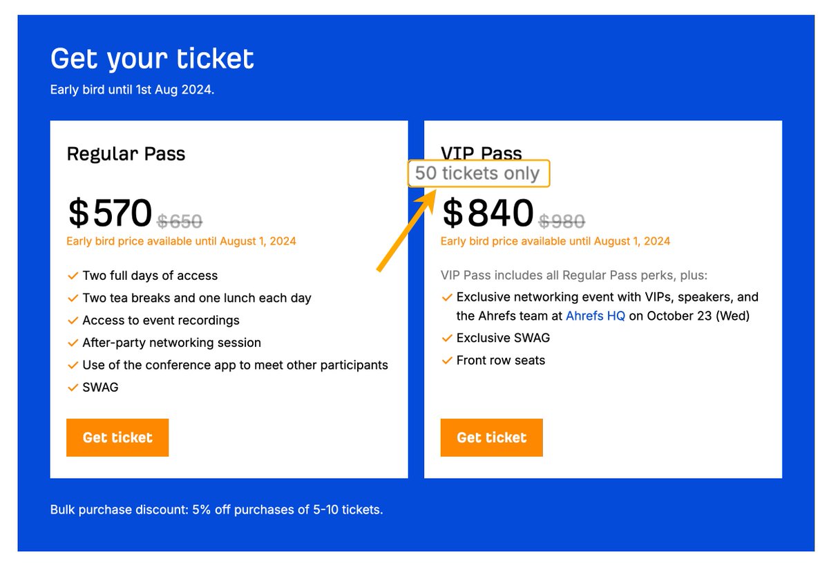 The tickets to Ahrefs Evolve conference in Singapore are slowly but surely going away. 🎫🎫🎫 And I wanted to highlight that we have only 50 (!!!) VIP passes total. (5 of which are already gone & we had a few inquiries about bulk orders) So if you wanted to get some extra