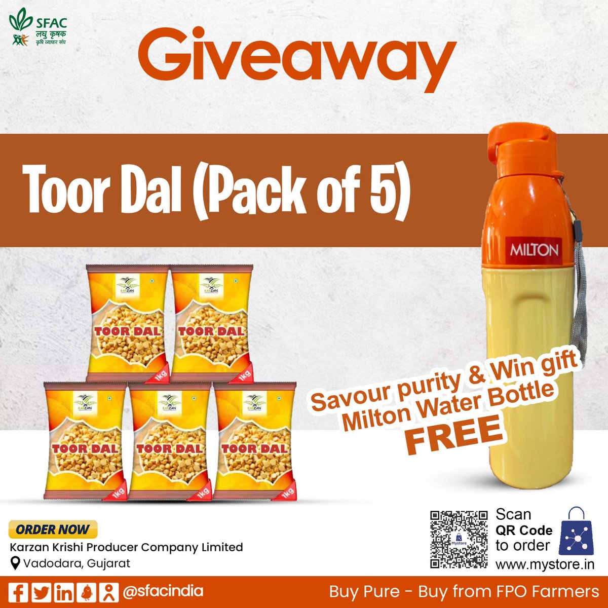 Giveaway🎁 Get a milton water bottle FREE on purchase of 5 kg unpolished, pure & wholesome toor dal. Buy straight from FPO farmers👇 mystore.in/en/product/too… 😋 @AgriGoI @MOFPI_GOI @MinOfCooperatn @CMOGuj @jagograhakjago @ONDC_Official @PIB_India @mygovindia #VocalForLocal