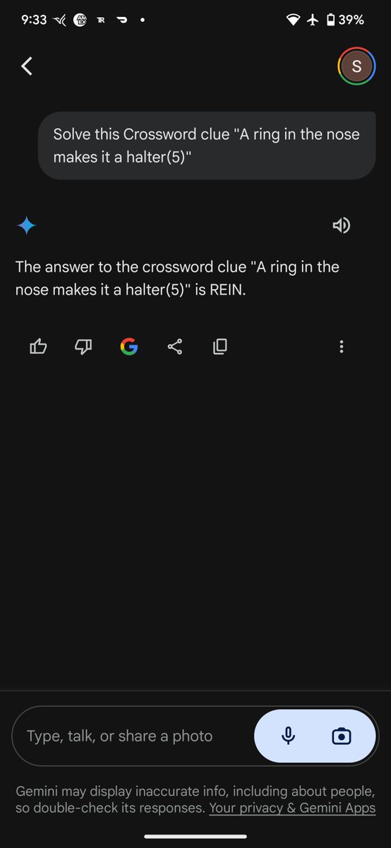 Shashi_ihsahs's tweet image. #ChatGPTvsGemini crossword challenge , and this is a question i had asked in the morning and gave them right answer.
ChatGPT did better than Gemini.
#ChatGPT #Gemini