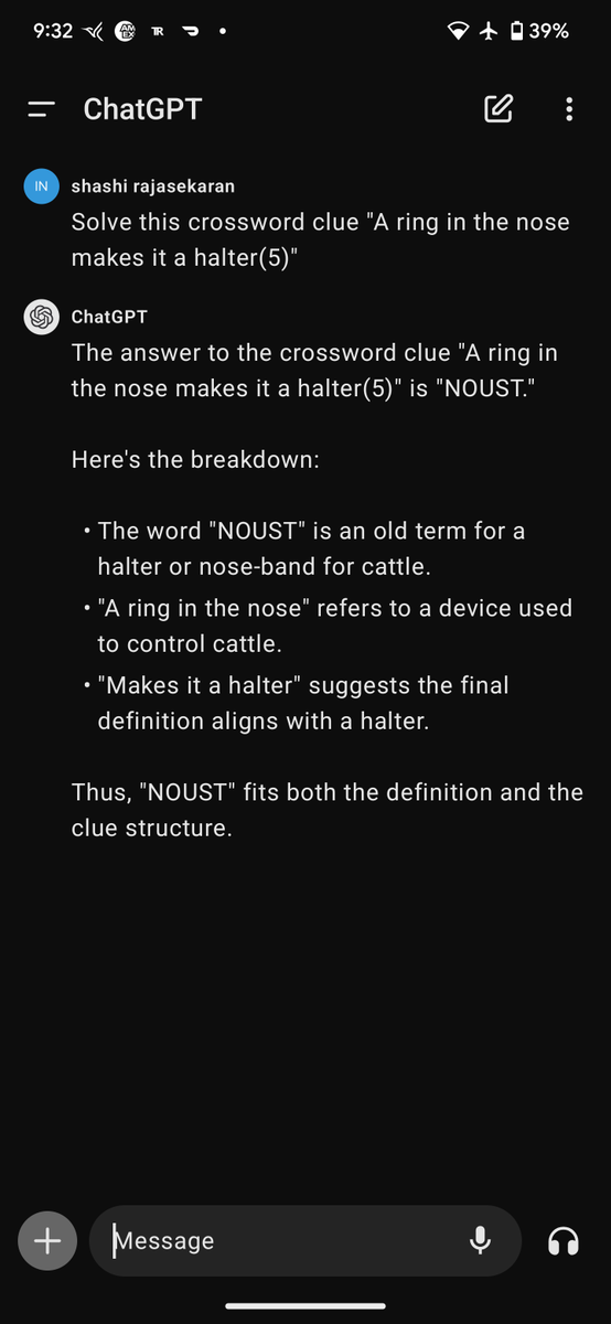 Shashi_ihsahs's tweet image. #ChatGPTvsGemini crossword challenge , and this is a question i had asked in the morning and gave them right answer.
ChatGPT did better than Gemini.
#ChatGPT #Gemini