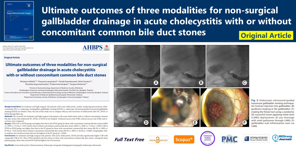 Ultimate outcomes of three modalities for non-surgical gallbladder drainage in acute cholecystitis with or without concomitant common bile duct stones 🌷doi.org/10.14701/ahbps… 2024 Feb;26(1)Wiriyaporn Ridtitid #Acute_cholecystitis #Cholecystostomy #Endoscopic_ultrasound