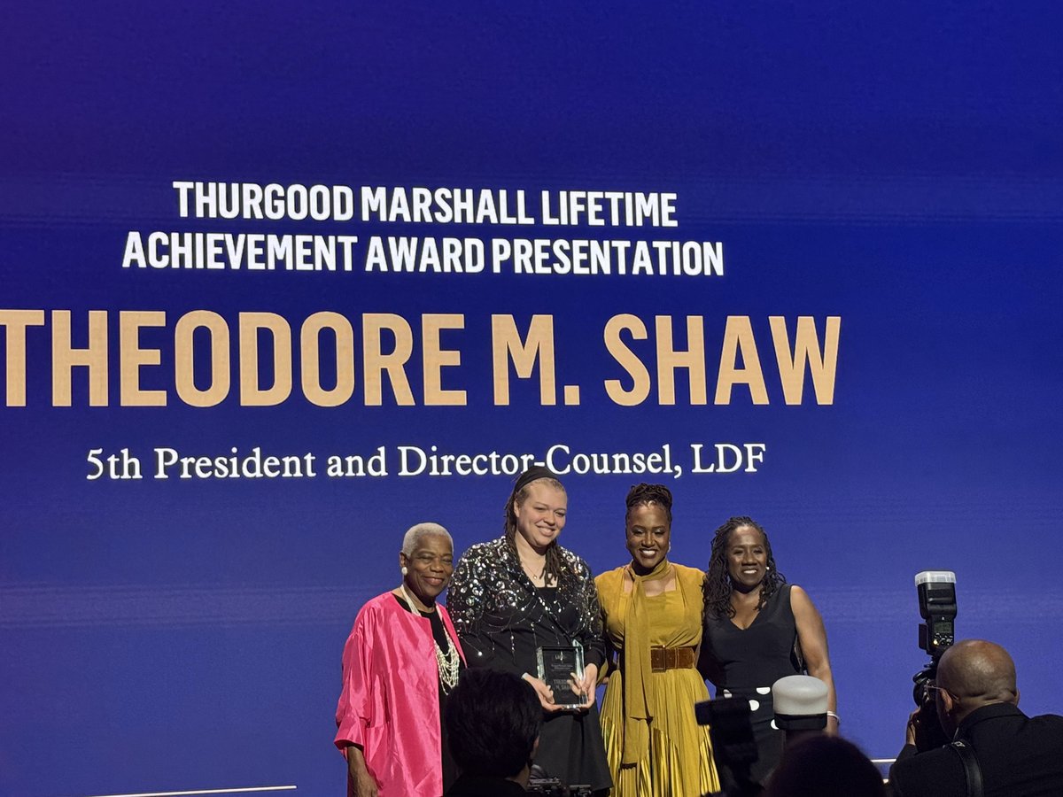 Elaine Jones, Sherrilyn Ifill, and @JNelsonLDF honor former LDF President and Director-Counsel, Ted Shaw, with the Thurgood Marshall Lifetime Achievement Recognition Award for his exceptional legal career and contributions to LDF and the civil rights community. #NEJAD2024
