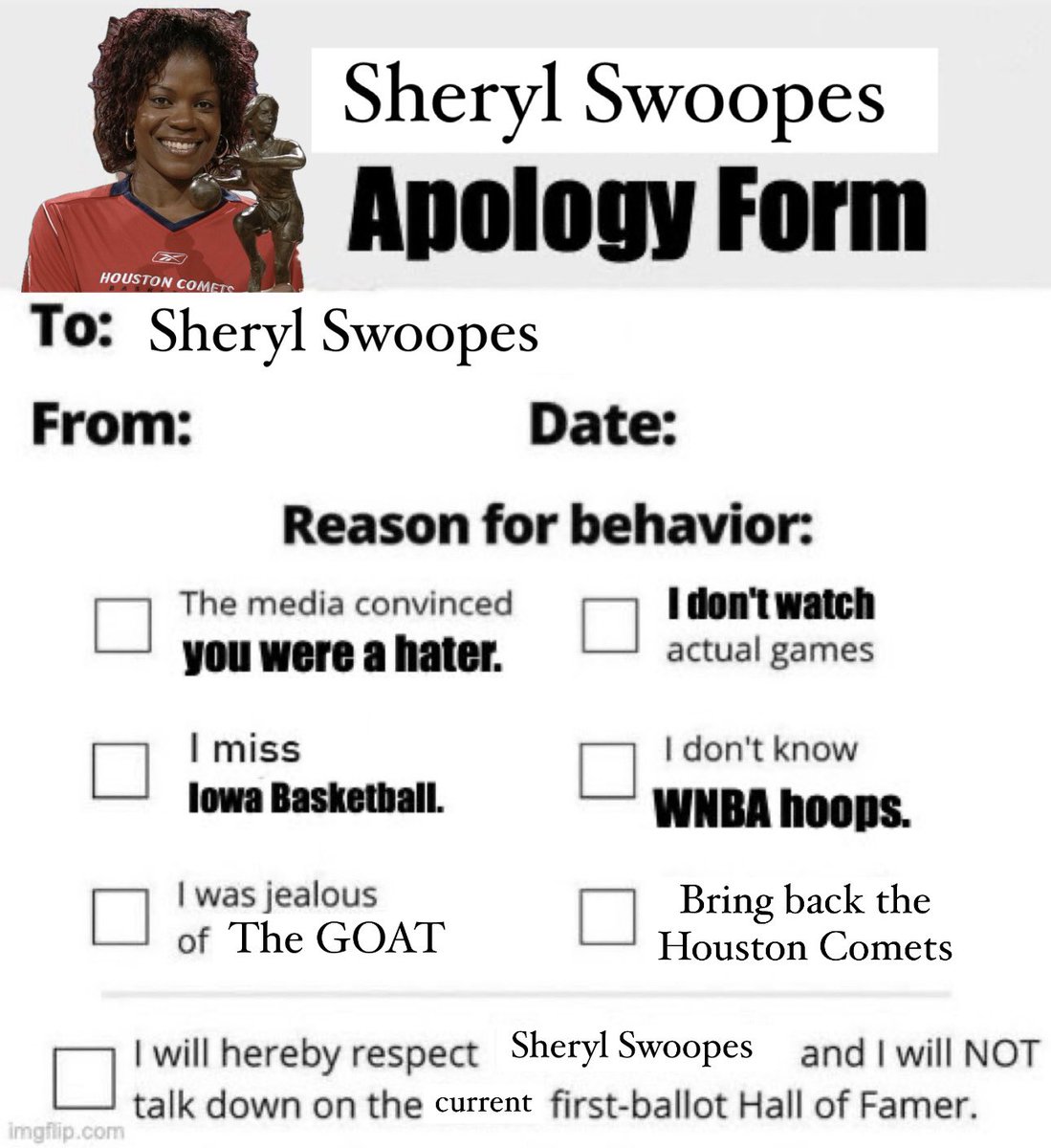 I’m going to start the <a href="/airswoopes22/">Sheryl Swoopes</a> apology tour.