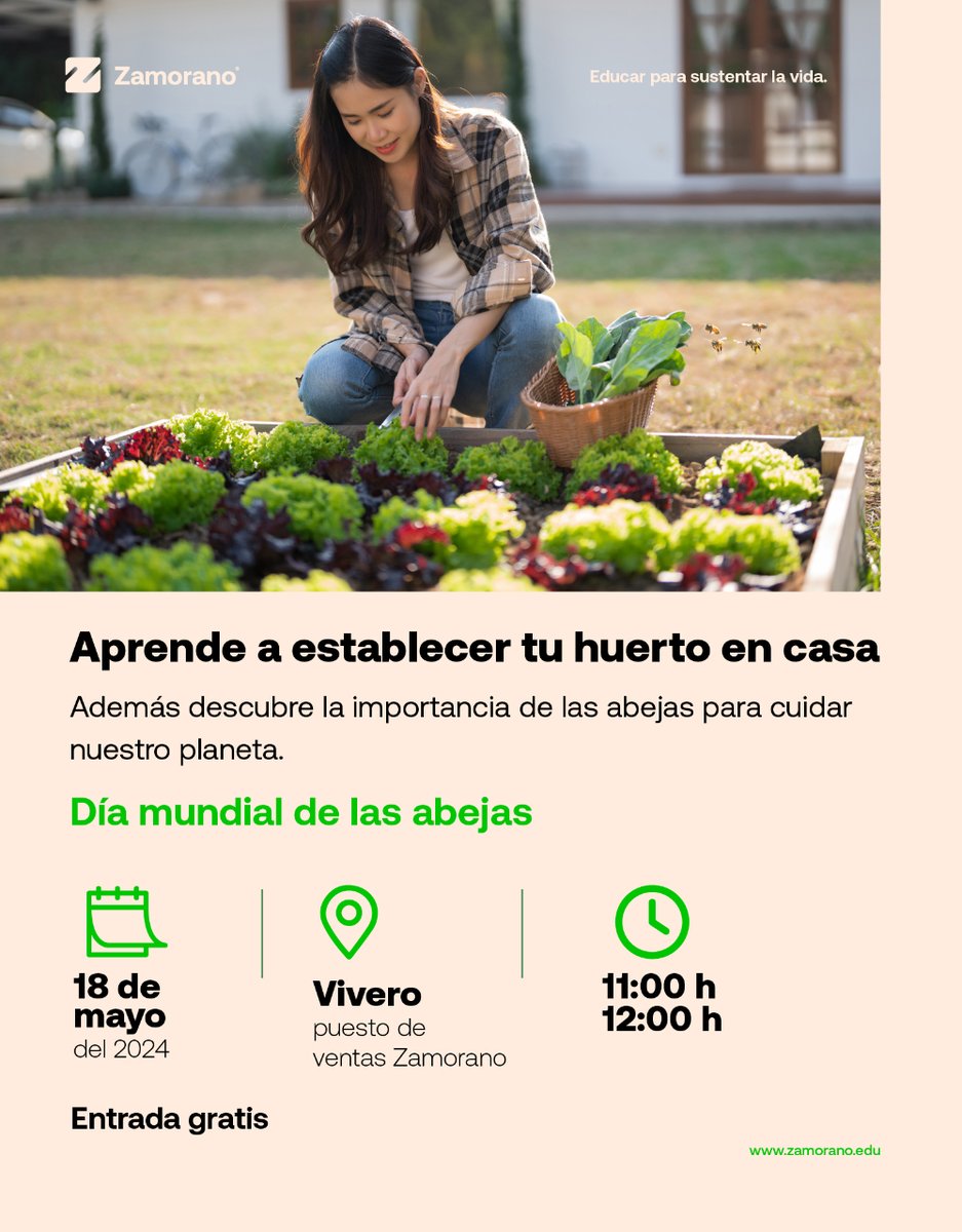 🌱🐝 Transforma tu hogar en un oasis verde. Aprende cómo en el vivero #Zamorano este 18 de mayo. ¡Entrada gratis! 🎟️ ¡No te lo puedes perder! #zamorano #zamoranosostenible #huertoencasa #aprendeconzamorano #aprenderhaciendo