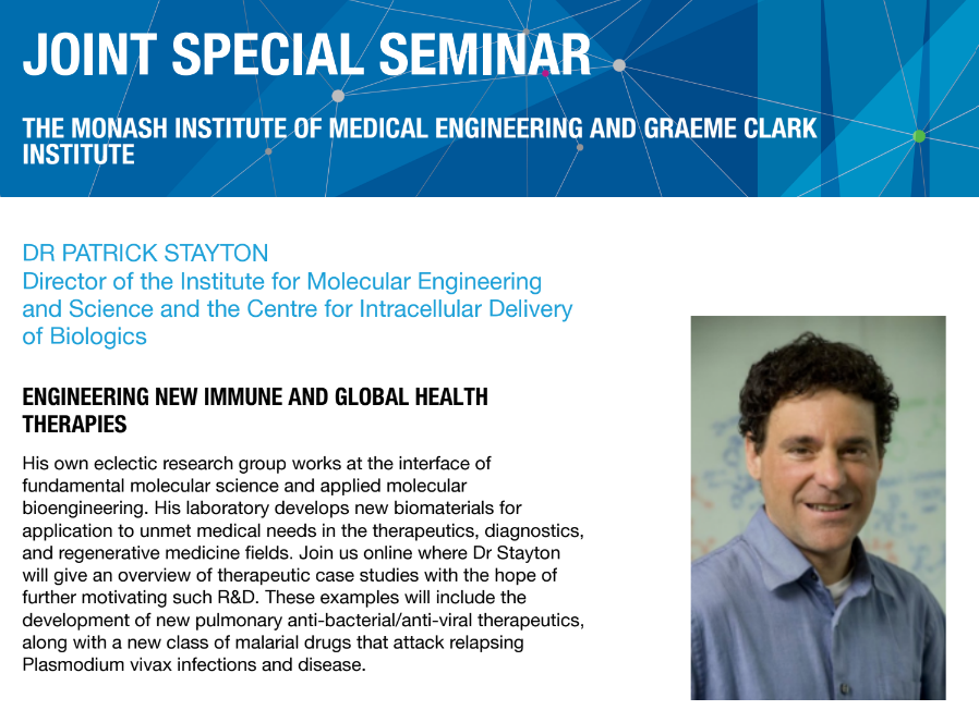 Monash Institute of Medical Engineering (MIME) (@monashmime) on Twitter photo EVENT | 27 June | 2pm to 3pm AEST| <a href="/MonashMIME/">Monash Institute of Medical Engineering (MIME)</a> and <a href="/GCI_Research/">Graeme Clark Institute</a> welcome Dr Patrick Stayton from <a href="/UW/">University of Washington</a>. Dr Stayton is a world leader in biomaterials engineering, with clinically impactful work in diagnostics, therapeutics and regenerative medicine.
More: bit.ly/4blgsU5 EVENT | 27 June | 2pm to 3pm AEST| <a href="/MonashMIME/">Monash Institute of Medical Engineering (MIME)</a> and <a href="/GCI_Research/">Graeme Clark Institute</a> welcome Dr Patrick Stayton from <a href="/UW/">University of Washington</a>. Dr Stayton is a world leader in biomaterials engineering, with clinically impactful work in diagnostics, therapeutics and regenerative medicine.
More: bit.ly/4blgsU5