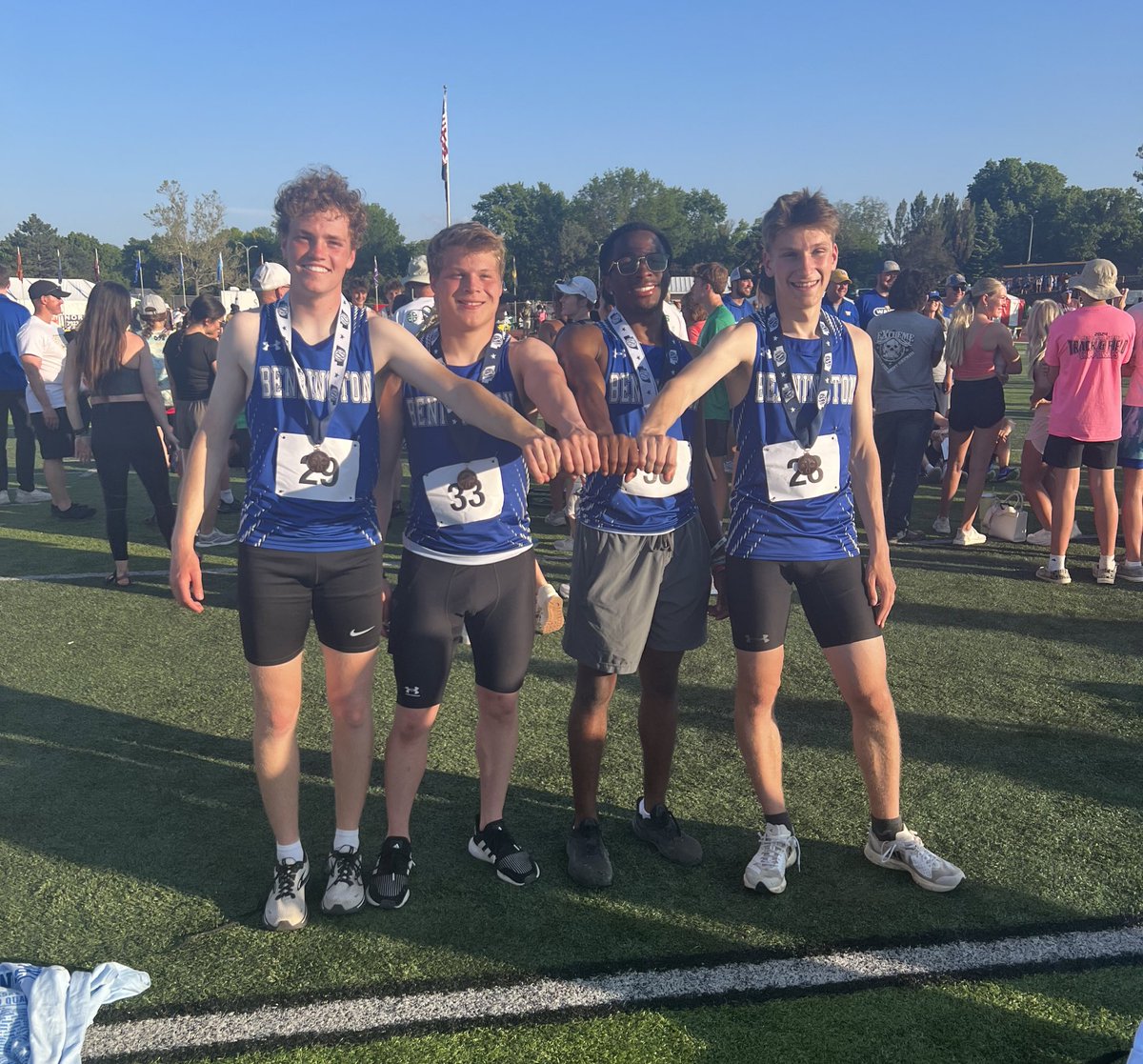 To cap off the day, Cameron, Colin, KJ, and Carter not only medaled with a 7th place finish in the 4x400, but set the school record as well! From Heat #1!!! They battled hard to earn that medal and school record. Congrats to this group! 3:25.68 #finishstrong