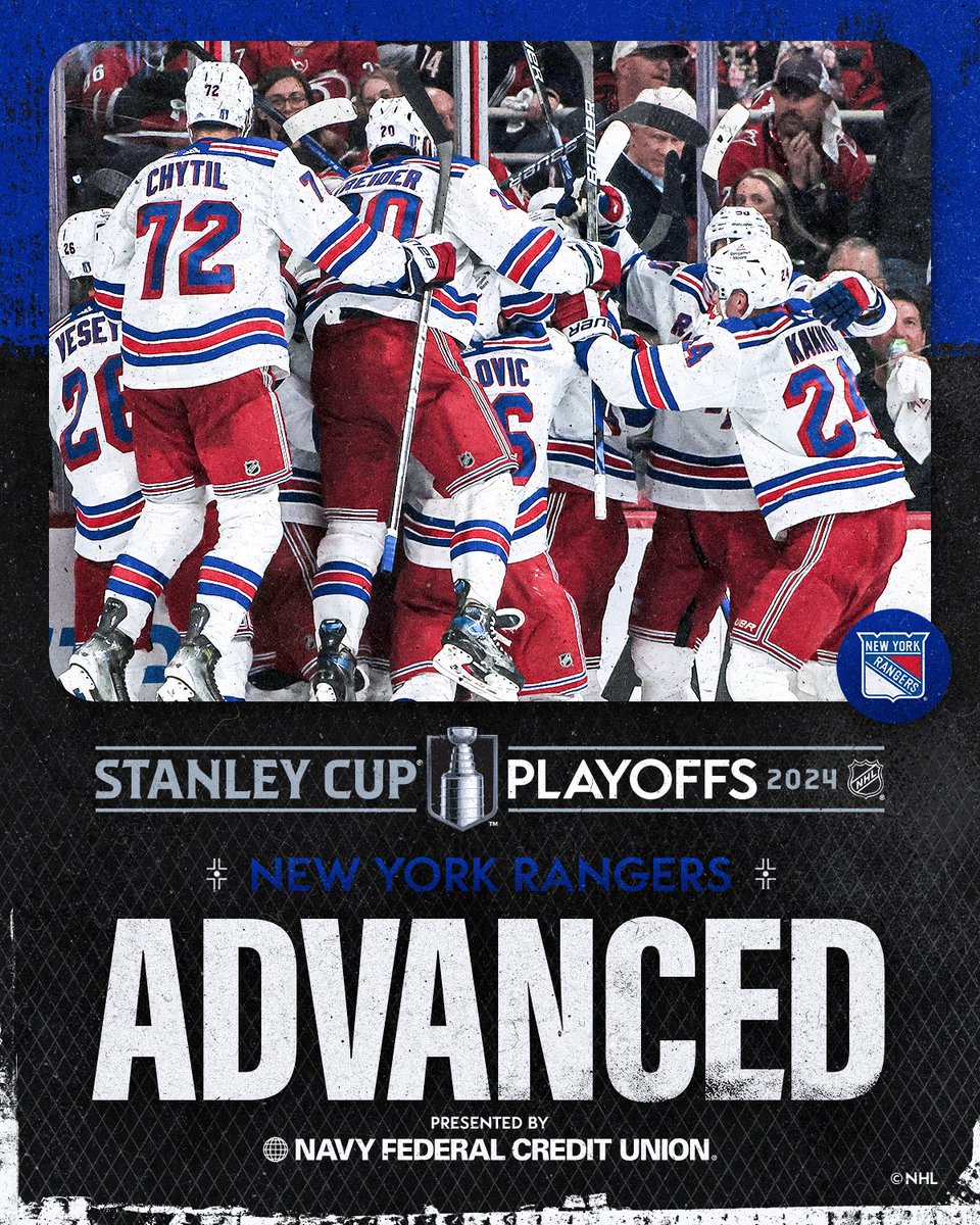 NHL (@nhl) on Twitter photo THE RANGERS MARCH ON 🤩
The <a href="/NYRangers/">New York Rangers</a> are the first team to punch their ticket to the Conference Finals! #StanleyCup 
Presented by <a href="/NavyFederal/">Navy Federal Credit Union</a> THE RANGERS MARCH ON 🤩
The <a href="/NYRangers/">New York Rangers</a> are the first team to punch their ticket to the Conference Finals! #StanleyCup 
Presented by <a href="/NavyFederal/">Navy Federal Credit Union</a>