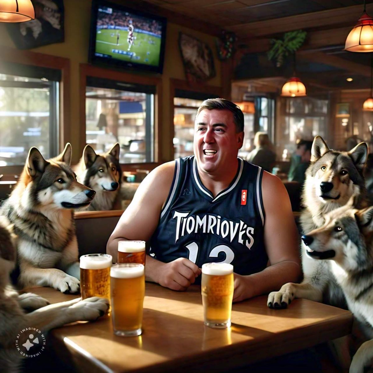 Kent Hrbek at Applebee's cheering for the Timberwolves buying a round of beers for the real wolves he brought with
