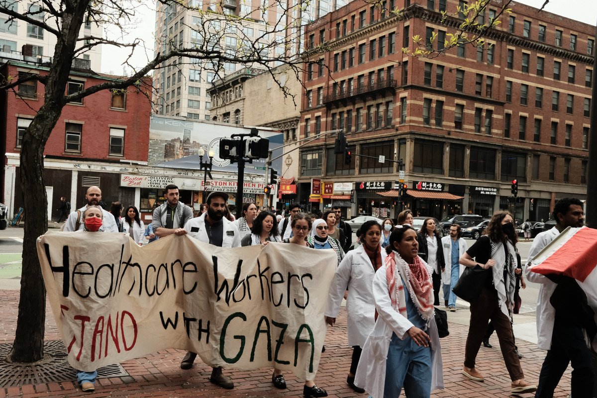 HCWforPalestine's tweet photo. HCW in Boston held a press conference to demand that hospitals:
1. Disclose investments that indirectly or directly profit from apartheid, occupation, and genocide
2. Divest from all such investments immediately
3. Cut partnerships with Israeli institutions complicit in genocide https://t.co/1qVZEWrS9y