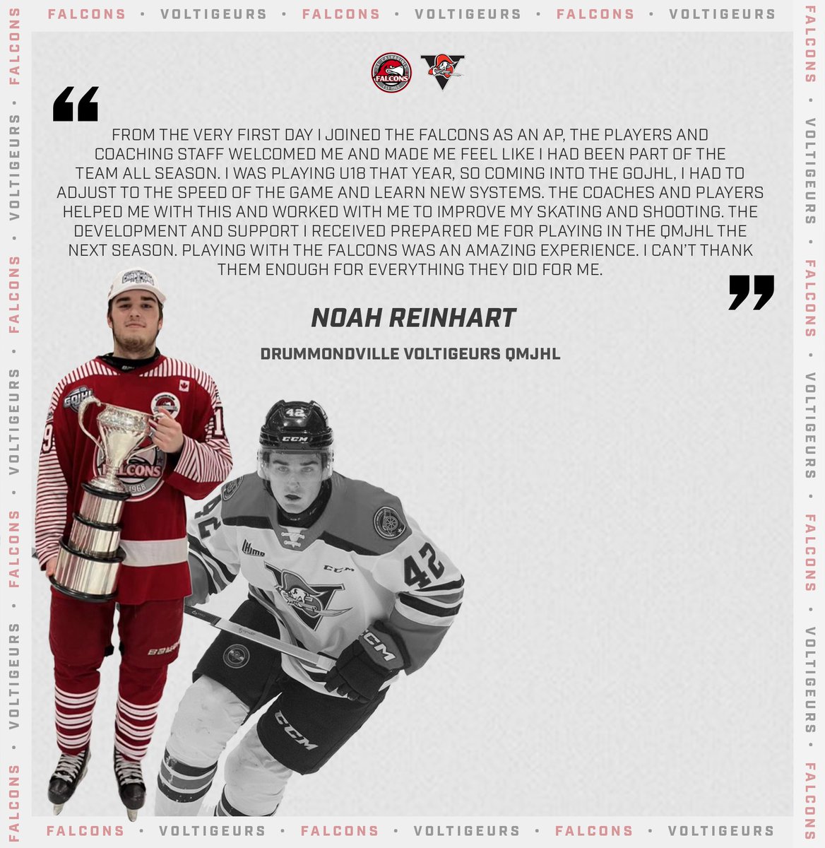 Preparing to hit the ice at the Memorial Cup this year, <a href="/VoltigeursDRU/">Voltigeurs de Drummondville</a> forward Noah Reinhart reflects on how the Falcons organization prepared him for his QMJHL career. 

🗣️Swipe to read.

#LetsGoFalcs | #StCatharinesFalcons | #GOJHL