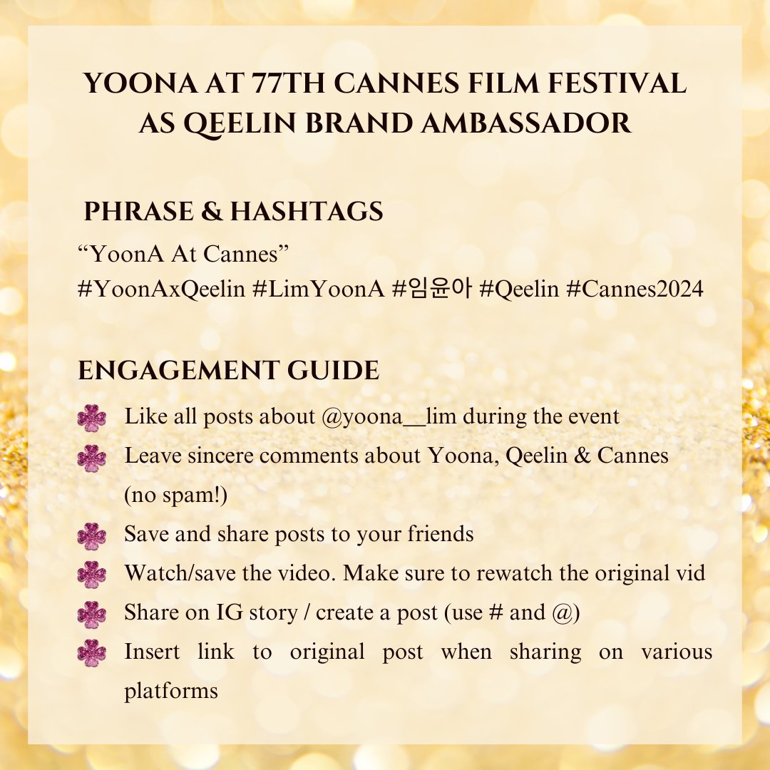 Everyone, start using these phrase & hashtags upon #YoonA's departure from airport: YoonA at Cannes # YoonAxQeelin # LimYoonA # 임윤아 # Qeelin # Cannes2024 Guidelines are made by the lovely @Yoonghearteu. We will let you know if there's hashtag change. #LimYoonA #임윤아 #윤아