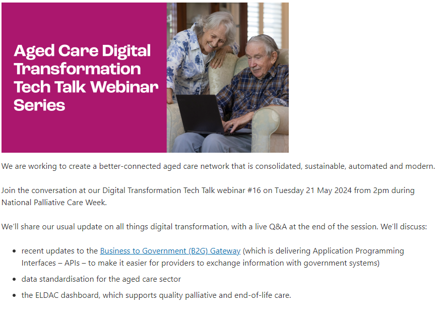 📣At this @healthgovau #webinar we will be talking about the the ELDAC dashboard, & how it supports quality #palliative and end-of-life care. Register now for Tuesday 21 May: health.gov.au/resources/webi… #TechTalk #AgedCare