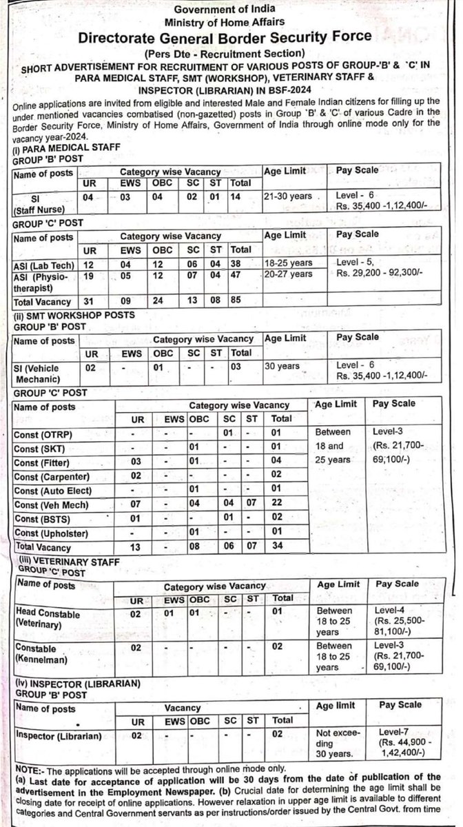 BSF Group B & C Recruitment 2024
Notification Out

#JobFair #JobVacancy_Alert #jobpost