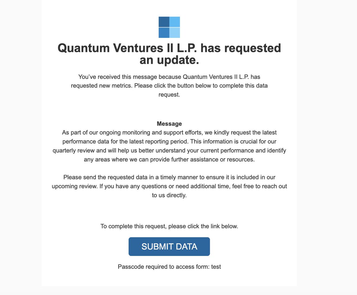 📩 Did you know Tactyc can automatically email your #VC portfolio companies to request periodic data updates? Our KPI Manager can generate KPI Requests Emails to automatically be sent out to portfolio contacts.

The portfolio company needs no login (nor do they need to have an